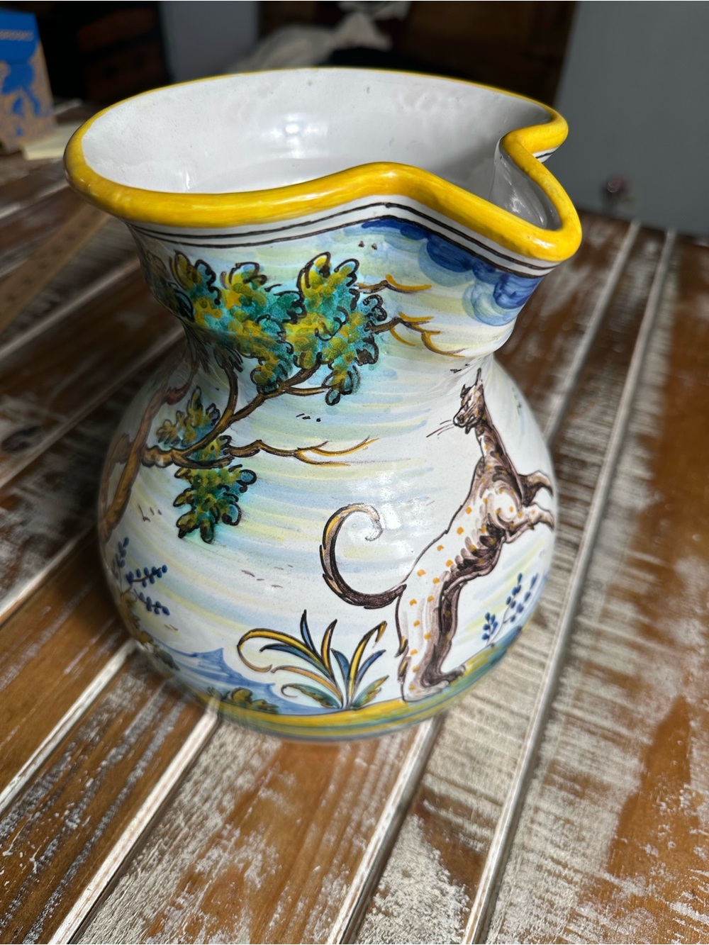 Hand-Painted Ceramic Pitcher with Yellow Accent and Cat Motif